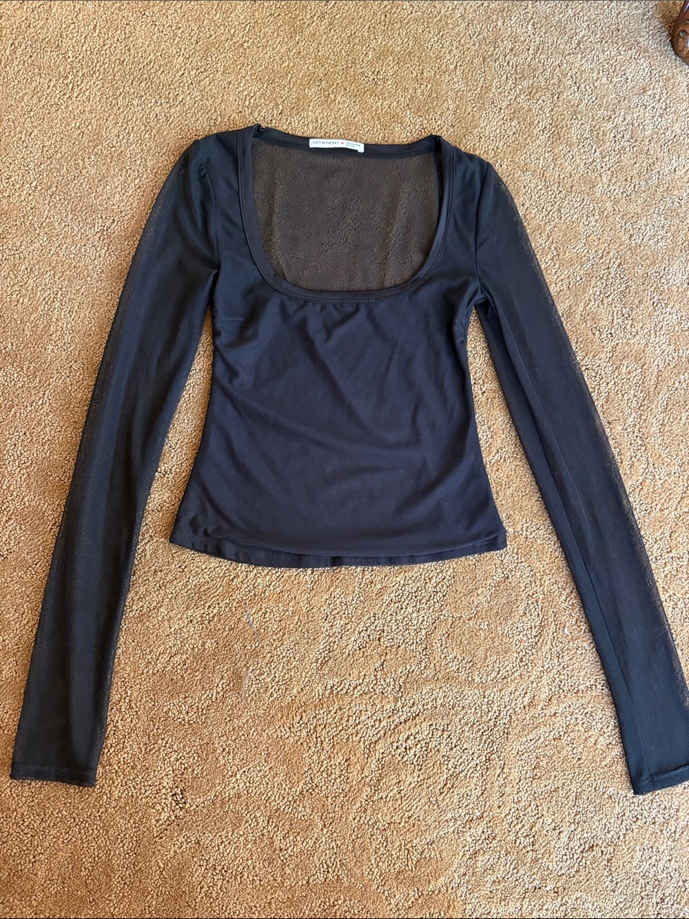 Lucy in the Sky Black Scoop Neck Sheer Long Sleeve Top